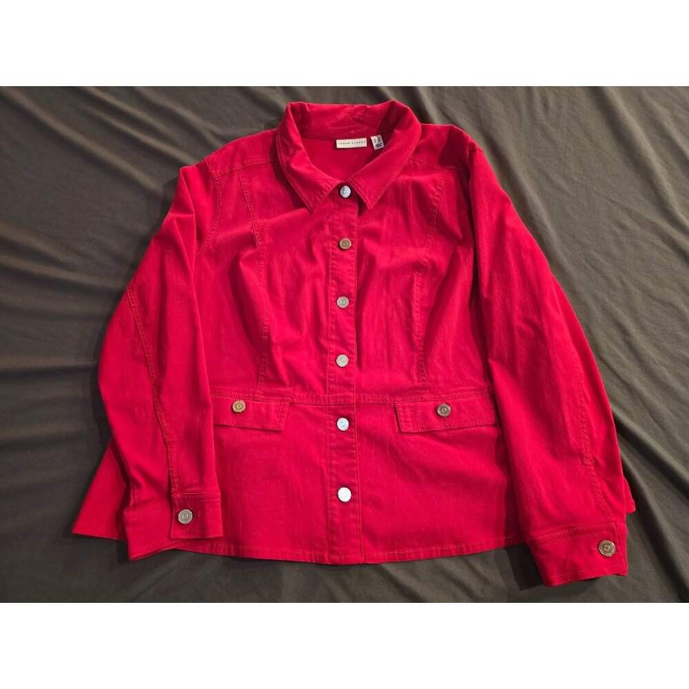 Susan Graver Womens Red Button-Front Jacket 3X Stretch Fabric Casual Wear Long
